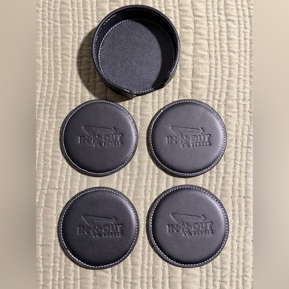 In N Out Burger Collectible Coasters & Holder Leather Wooden Felt Set Of 4